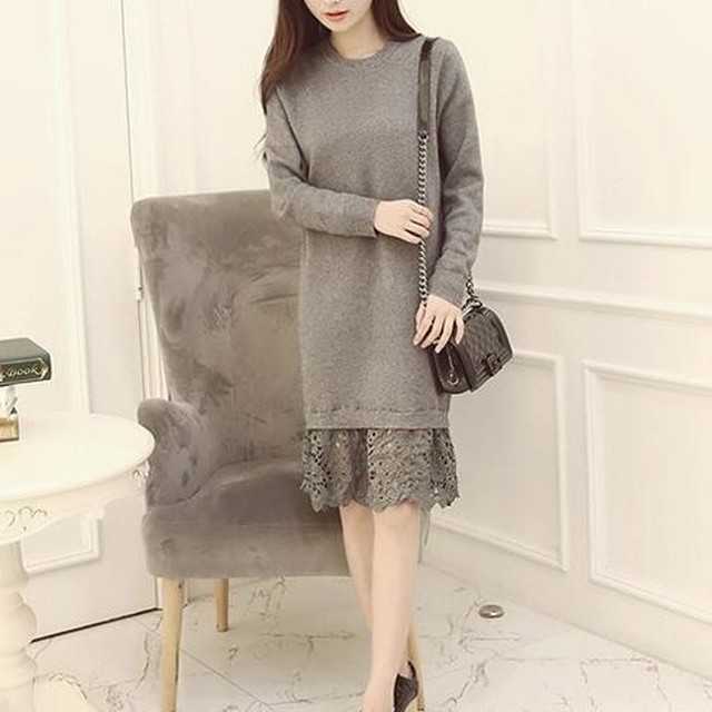 ニット ワンピース レディース ニットワンピ 裾レース 長袖 ミモレ丈 グレー キャメル 黒 ピンク ワインレッド 全5色 秋 新作 A Otb Closet