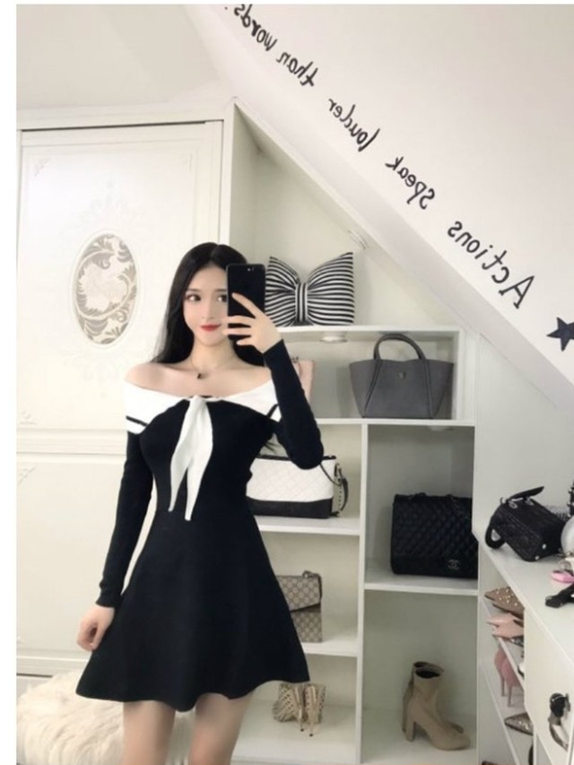 ニットワンピース 韓国 秋 冬 ワンピース レディース ドレス ツートーンカラー ａライン リボン 春 長袖 ひざ丈 ニット 大人可愛い エレ Basecamp49