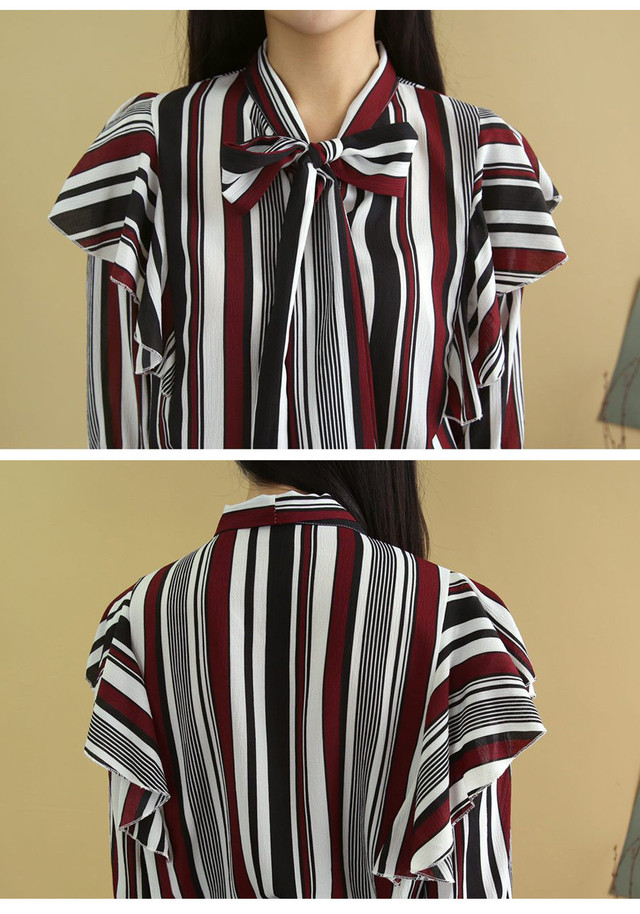 ストライプブラウス レディース リボン フリル ストライプシャツ シフォンストライプブラウス レディース ブラウス シャツ トッブス Ts0019 Lumiastyle ルミアスタイル