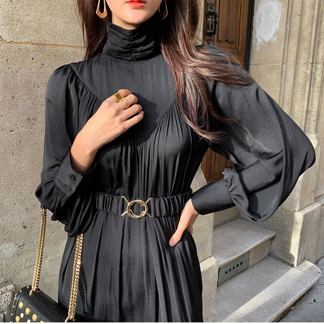 ワンピース ロングワンピース ハイネックワンピース 長袖 パフスリーブ ウエストマーク ウエストベルト ギャザー フレア きれいめ オシャレ お出かけ デート お呼ばれ レディース Sunrise0911