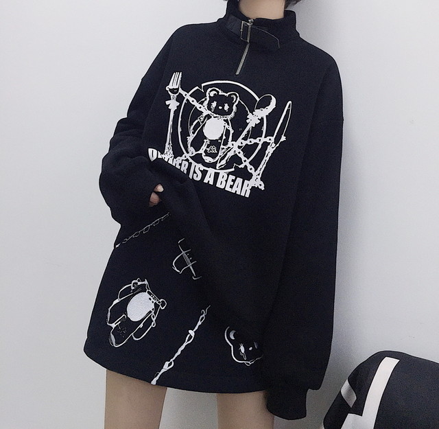 病みかわいい ゴスロリ タートルネック ショート丈 くま プリント フロントzip Crazygirl 黒 白 原宿系 10代 代 天使と悪魔 サブカル系ファッション Seasonz