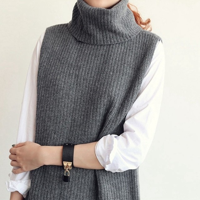 ニットベスト 好素材 ざっくりニット タートルネック ベスト ノースリーブ リブニット 秋冬 グレー ロングニット 韓国レディース キッズファッション Londonbridge ロンドンブリッジ