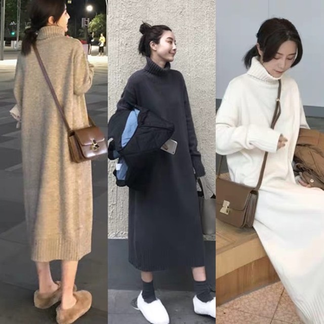 タートルニットワンピース 冬 韓国 ファッション レディース 冬服 ニットロングワンピース タートルネック ワンピ ロング 秋冬 レディース コーデ ストレッチ ニットワンピ ゆったりワンピ オーバーサイズ 黒 白 ベージュ Vestito