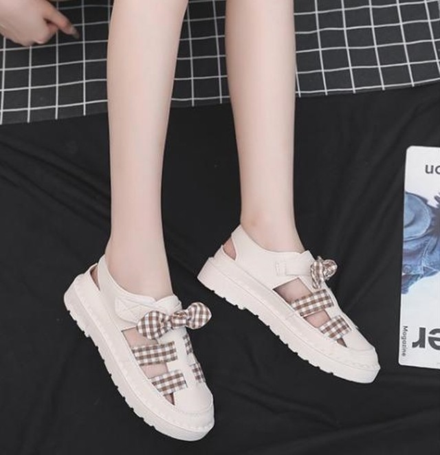 全2色 スニーカーサンダル フラットシューズ チェック柄 リボン ストラップ アンクルストラップ バイカラー ラウンドトゥ カジュアル デイリー ラフ ガーリー 可愛い 春 夏 Like Fashion