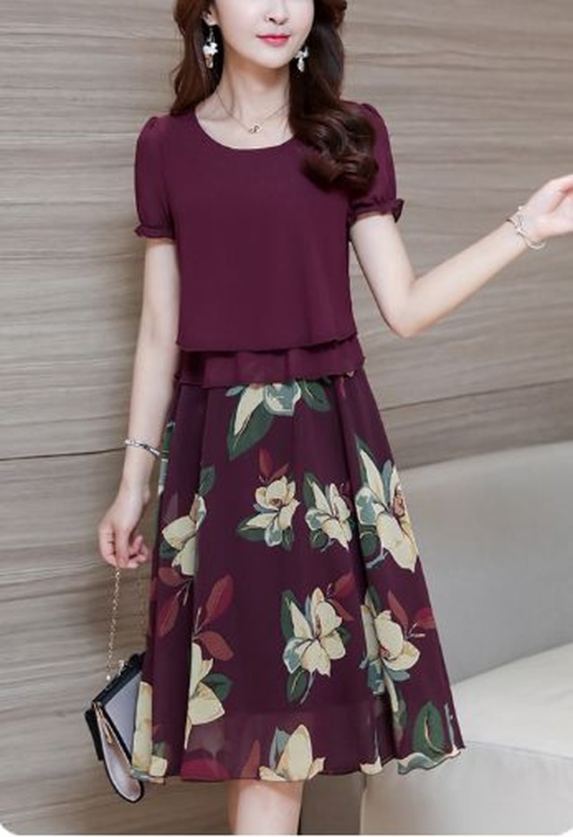 ワンピース レディース パーティードレス 40代 代 結婚式 韓国 10代 赤 Aライン 半袖 ラウンドネック 花柄 膝丈 膝下丈 おしゃれ きれいめ オフィス 大人 フォーマル 上品 ワンピの里