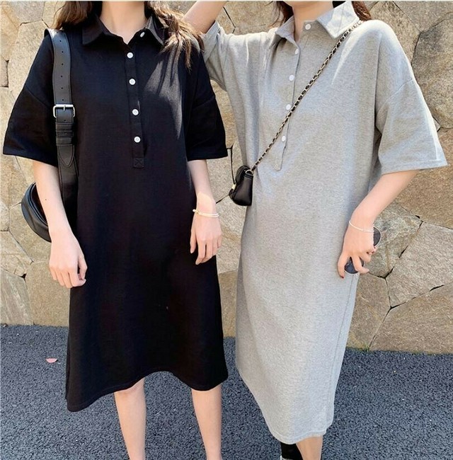 ポロワンピース レディース ポロシャツ 無地 半袖 ポロワンピ ポロシャツワンピース ゆるカジ ゆったりウエスト ミディアム丈 お出かけ デート 普段着 全2色 Ukiukionepicec