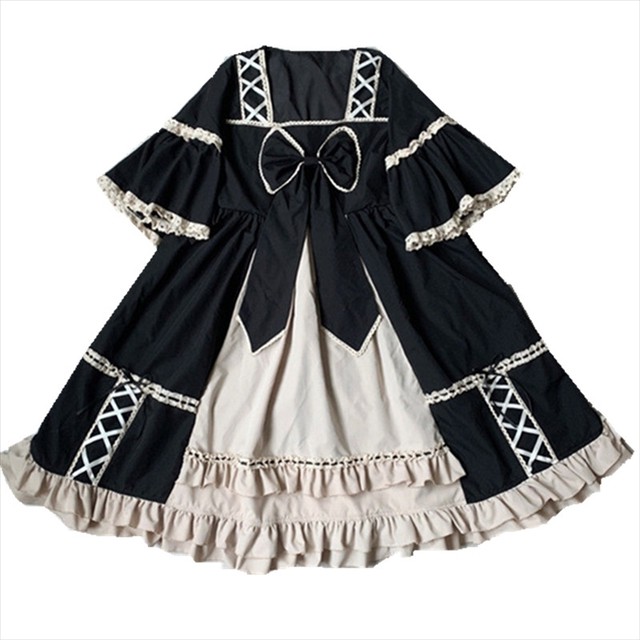ゴスロリ ワンピース 姫ワンピ レトロ ゴシック調 フリル リボン 甘ロリ ドレス 原宿系 クロス編み 半袖 ブラック 病みかわいい 夢可愛い フェス 天使と悪魔 サブカル系ファッション Seasonz