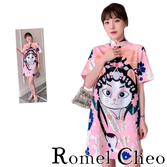 お支払い確認後日以内発送 Romelcheo 猫 イラスト チャイナ ミニ ワンピース レディース 半袖 猫柄 プリント ネコ 花柄 総柄 Aライン チャイナボタン ストリート系 原宿系 青文字系 カジュアル ファッション エスニック アジアン ガーリー ゆめかわ 大人可愛い 漢服