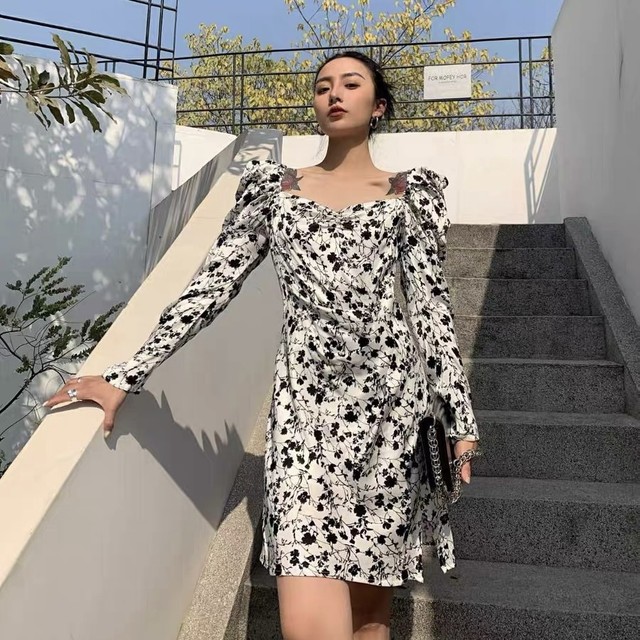 square neck flower dress