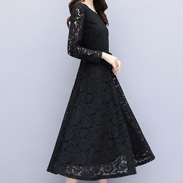 レース ワンピース ドレス 花柄 長袖 膝下 フレア ワンピ 春秋 セクシー 大人可愛い デート シンプル 発表会 可愛い オシャレ きれいめ 秋ワンピ 春ワンピ 細見せ カジュアル パーティ お呼ばれ おでかけ 黒 水色 白 シック 二次会 結婚式 袖ありドレス 新作