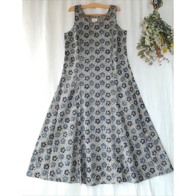 Hand Blockprint Maxi Dress ハンドブロック プリント ノースリーブ ワンピース ハンドメイド Blue Ajo13 Amra