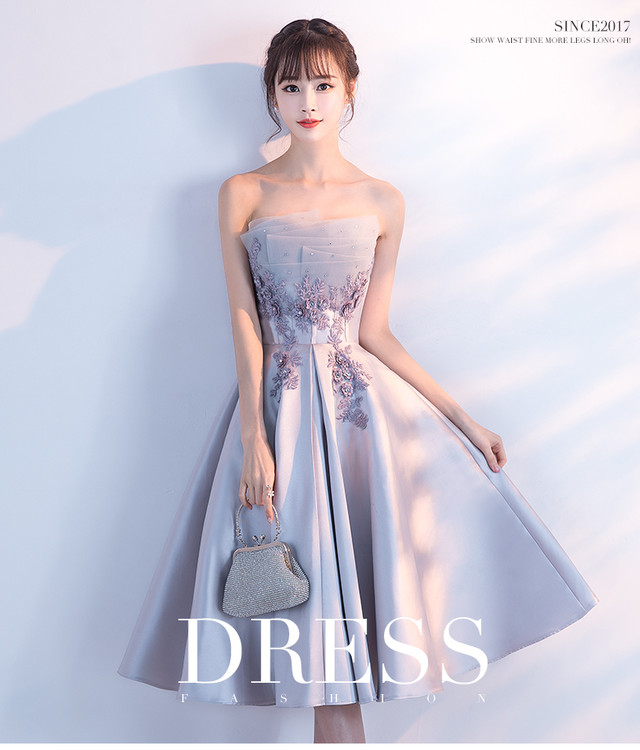 カラードレス ピンク紫 ソフトチュール ベアトップ ビジュー スレンダーライン ミディアムドレス Ynswedding23