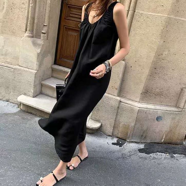 ロングワンピース ノースリーブ ラウンドネック リネンブレンド Aライン ギャザー 透け感 ゆったり リラックス 体型カバー かわいい きれいめ カジュアル 大人 おでかけ デート リゾート バカンス Crystalhk