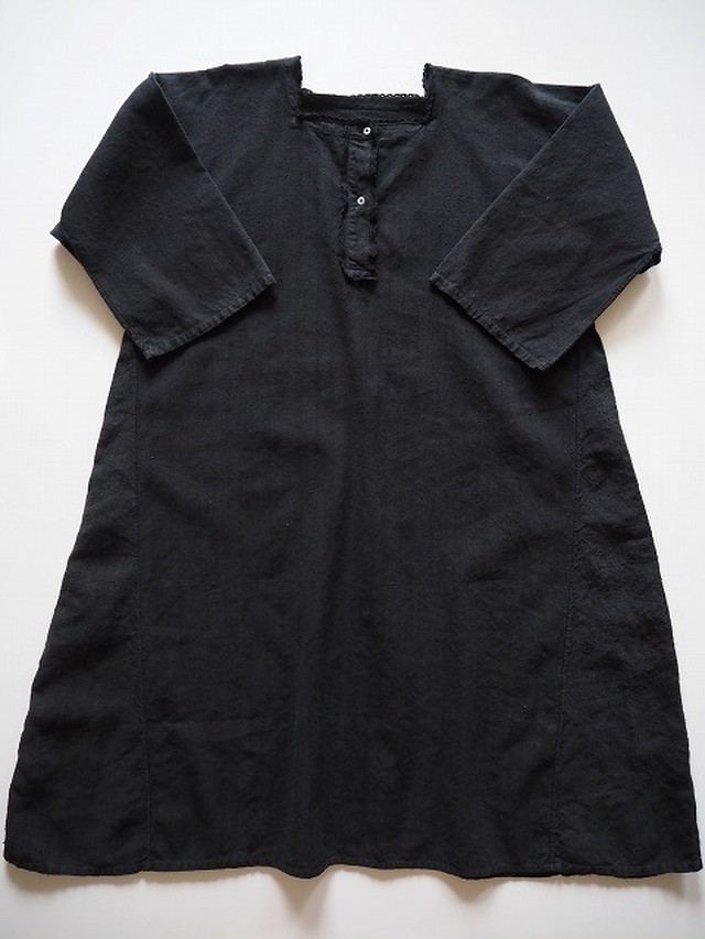 フランス アンティークリネンスクエアネックワンピース 染物 黑色 Vrisko Online