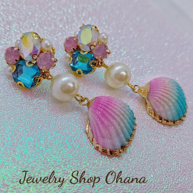 カラー貝殻ピアス ピンク ブルー Jewelry Shop Ohana ジュエリーショップオハナ