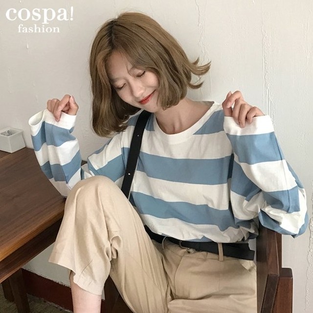 ｔシャツ レディース 長袖 ボーダー カットソー スウェット トレーナー 丸首 薄手 トップス オーバーサイズ ビッグサイズ Cospa Fashion