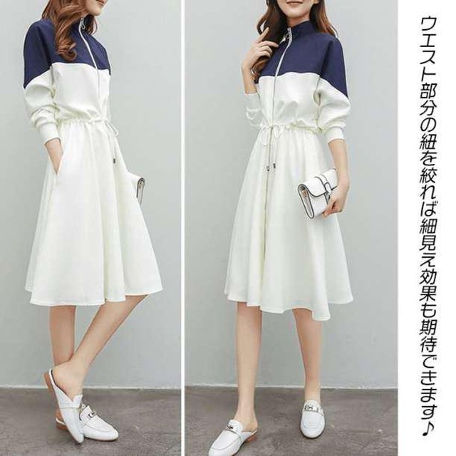 ワンピース ジャージ風 韓国 オルチャン ワンピース バイカラー ハイウエスト ツートン M Japan Classic Store