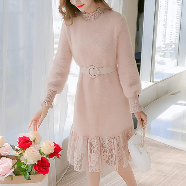 パーティードレス ドレス ワンピース レース ひざ丈 長袖 袖あり 代 ピンク ベージュ ブルーグレー 青 アプリコット 緑 黒 無地 Xライン 透け感 袖付き ボトルネック パフスリーブ 大人可愛い ガーリー 秋冬 二次会 お呼ばれ 謝恩会 発表会 クリスマス イベント