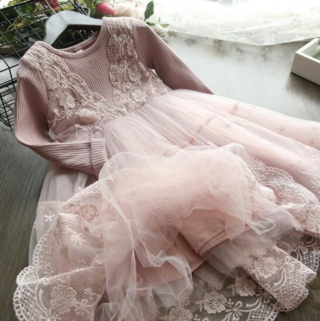 秋冬 キッズ 子供 女の子 ワンピース ドレス 長袖 ニット チュールスカート レース ロング丈 お出かけ Arroserbaby