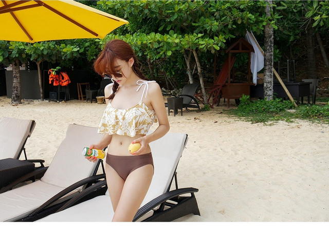 水着 ビキニ レディース水着 体型カバー 黄色 茶色 イエロー ブラウン 花柄 リボン フリル 韓国水着ワンピース リゾート 海 ビーチ H406 Hollysresort