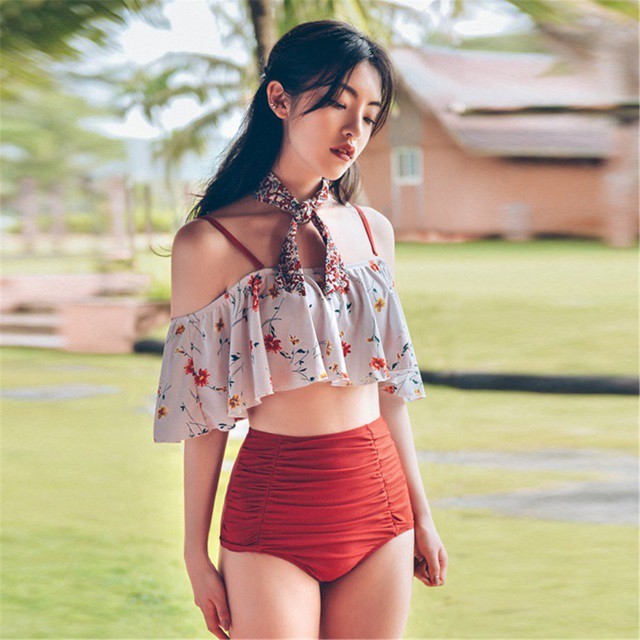 ビキニ フラット フリル ワンショルダー 水着 ビーチワード トップ 胸 カバー ボクサータイプ きれいめ Redbell