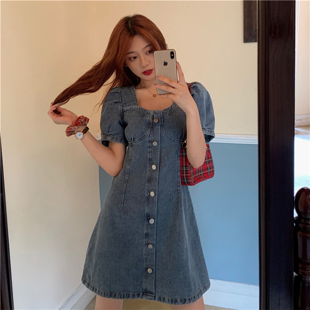 送料無料 デニムワンピース デニム バブルスリーブ スクエアネック ミニ丈ワンピース フロントボタン サマーワンピース カジュアル Sunrise0911
