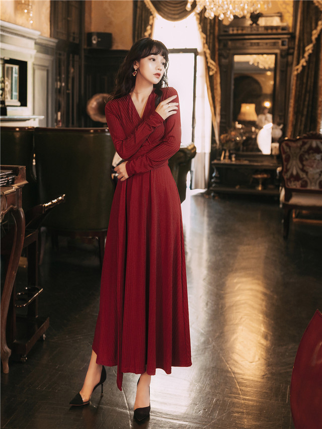 カシュクール ハイウエスト リブ編み 長袖 ニットロングワンピース 赤 S M L 7519 ブライズメイド パーティードレス専門店glitter Glamour グリッターグラマー