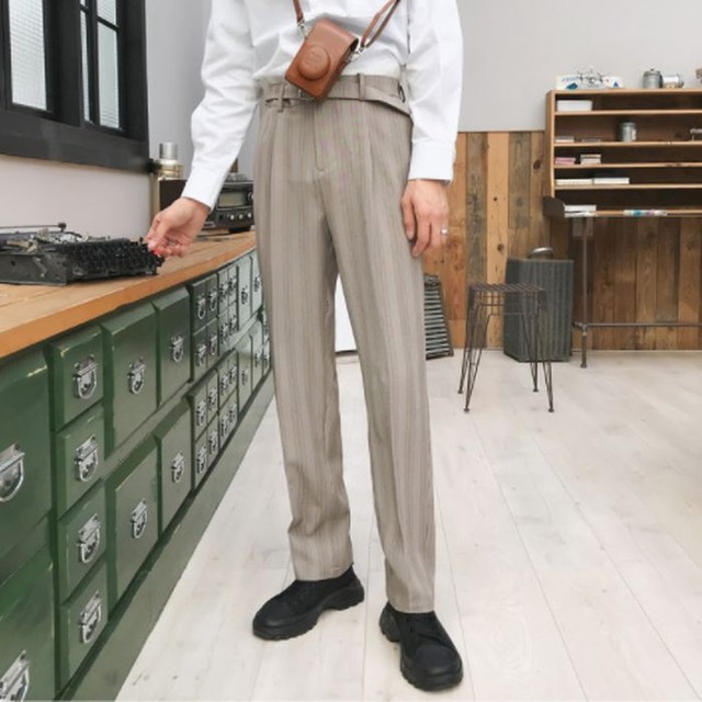 ストレートパンツ ストライプ ベルト ロング丈 ワードローブ ポケット メンズ ブラック 黒 ベージュ シック 韓国 お支払い後日以内に発送 Btm179 Garcons