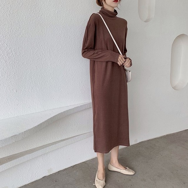 ハイネックワンピース 無地 長袖 ハイネック ロング丈 ミモレ丈 カジュアル ナチュラル 秋 冬 大人 デート お出かけ 旅行 女子会 韓国 韓国ファッション オルチャン 可愛い レディース Fa710 Musubi Me 韓国 オルチャン レディースファッションのお店