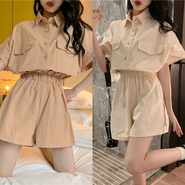 夏 セットアップ レディース 夏服 韓国 ファッション レディース シャツ ショートパンツ 上下セット ピンクベージュ 白 オーバーサイズ カラーシャツ ウエストゴム パンツ 2点セット Vestito