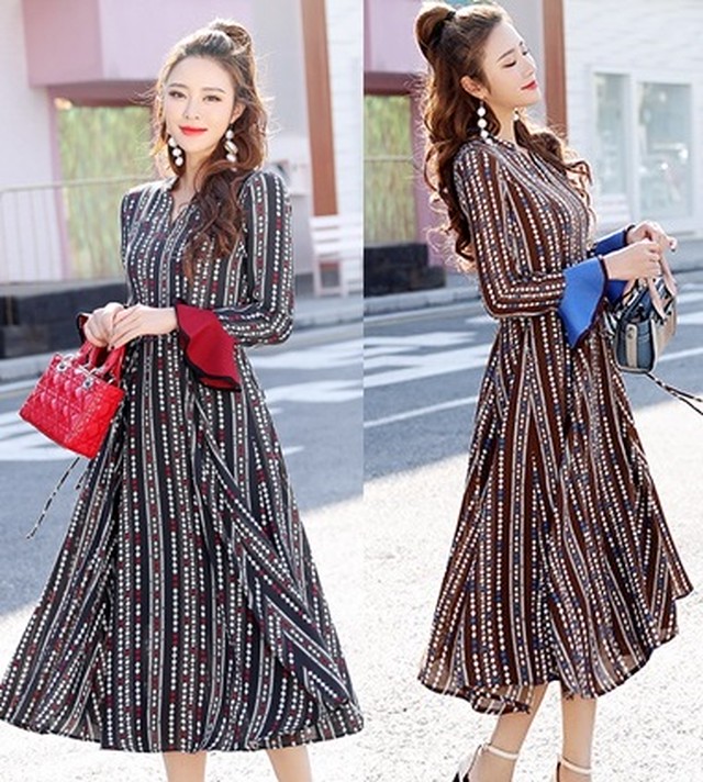 ドットストライプがレトロなワンピース ドットストライプシフォンワンピースひざ下丈ワンピースqyft7523 Ty Myfa Pm マイフェイプレママ