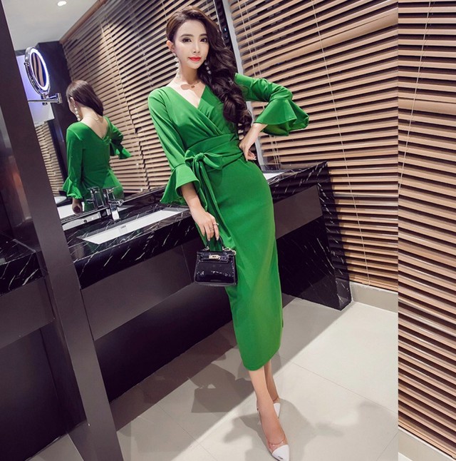 ワンピース ドレス タイト カシュクール ミモレ丈 ウエストリボン スリット セクシー 大人女子 パーティー Sale 韓国 1191 Justu710