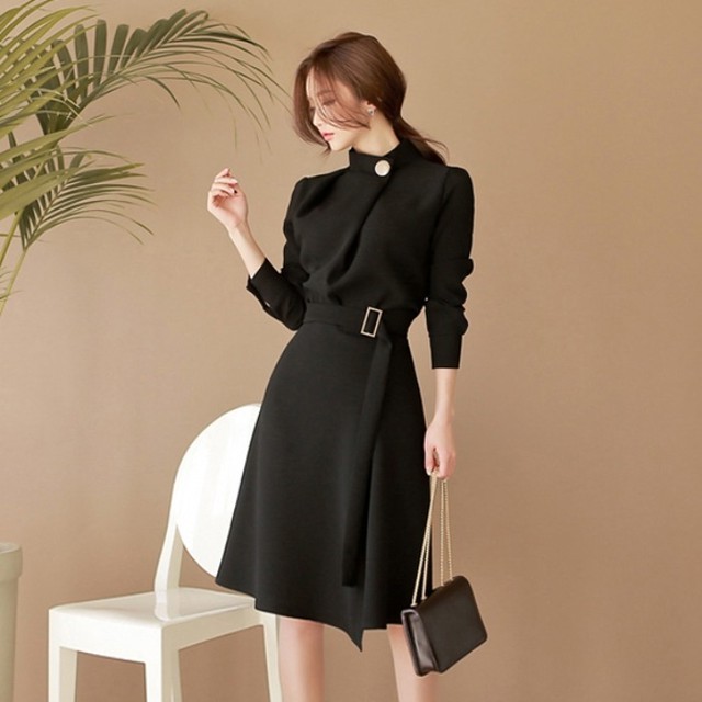 ウエストベルトワンピース ハイネックワンピース ワンピース Aライン エレガント キレイめ オフィス プライベート お出かけ お呼ばれ パーティー 通勤 秋 冬 Crystalhk