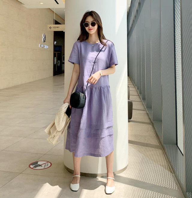 送料無料 ワンピース 夏 ロング 後ろボタン ゆったり 無地 カジュアル シンプル おしゃれ 30代 40代 パープル Op 241r Imagibune