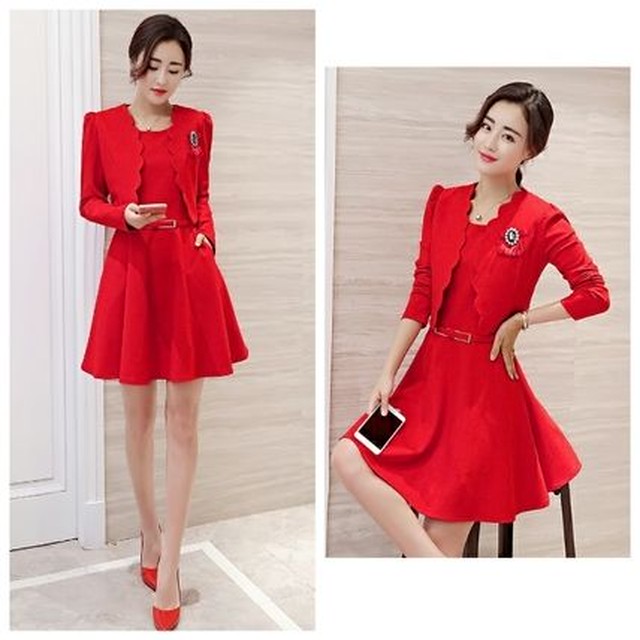 リボン可愛いジャケットセットパーティードレス 赤 ワンピース Bianka