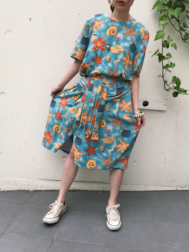 80s Sax Blue Shell Silk Dress ヴィンテージ シルク 水色 ブルー 貝柄 ワンピース Riyad Vintage Shop