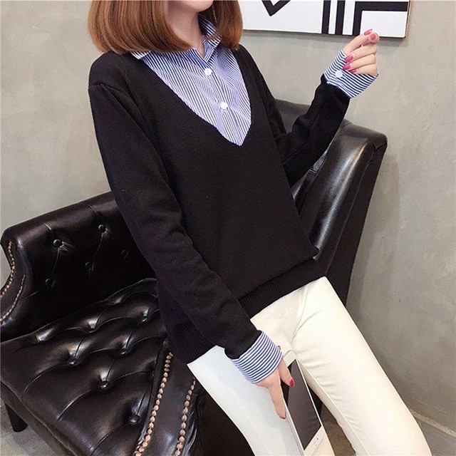 ニット セーター 重ね着 シャツ襟 レディース Vネック 重ね お仕事 ビジネス ボーダー 無地 女性 ストレッチ 伸縮性 着心地 トップス 長袖 春 秋 冬 331 A B