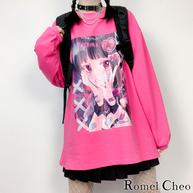 お支払い確認後日以内発送 Romelcheo イラスト ローズ ピンク 長袖 Tシャツ ロンt ロング プリント ゆめかわいい 病みかわいい レディース ストリート系 原宿系 青文字系 ガーリー ロリータ 大人可愛い カジュアル ファッション ロメルチェオ Romelcheo