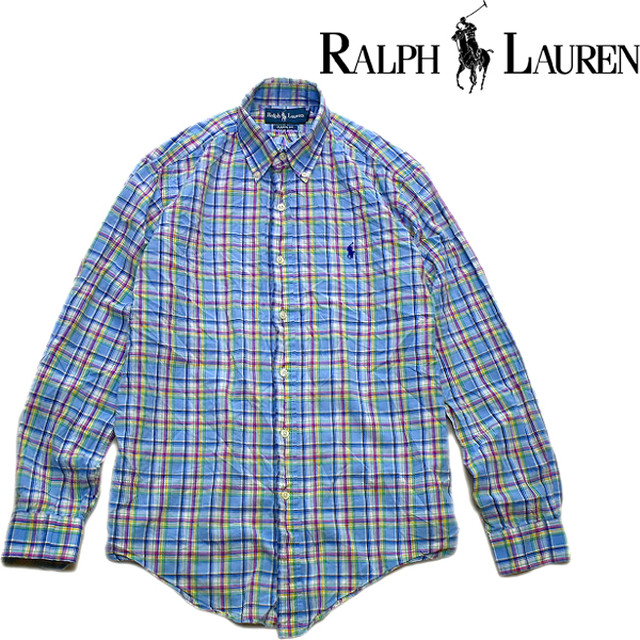1点物 ラルフローレンpolo長袖チェックシャツ古着メンズmlレディースokアメカジ90sストリートスポーツmix中古ボタンダウン水色 古着屋カチカチ