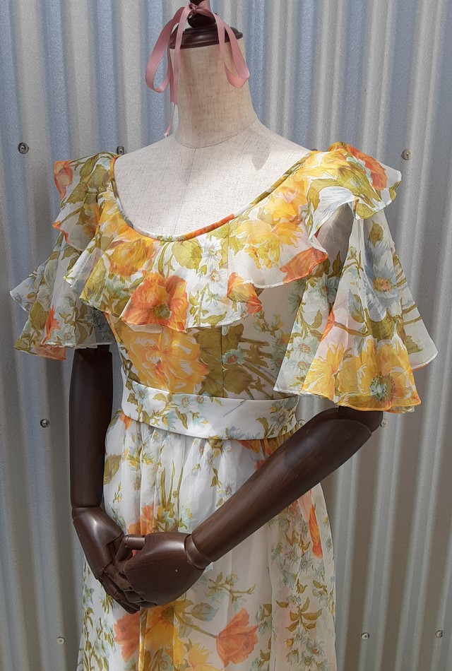 Frenchsleeve Dress Flower Pattern Orange フレンチスリーブワンピース花柄 オレンジ Little Trip To Heaven