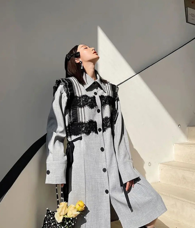 Top Mode ワンピース シャツ 長袖 モード ラフ感 パフスリーブ袖 レース リボン カジュアル グレー Cool 体型カバー ルーズ デザイン ヴィジュアル系 ライブ 舞台 ステージ 衣装 春物 シンプル モード系 個性派 レディース 春 夏 Lon301 Top Mode