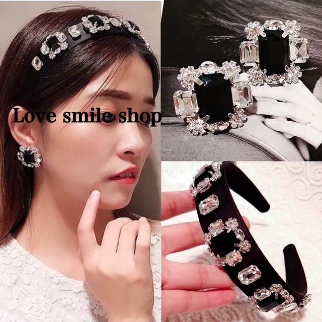 カチューシャ ピアス カチューシャ ブラック ビジュー ラインストーン キラキラ アクセサリー カチューシャ ヘアバンド Loveysmileshop