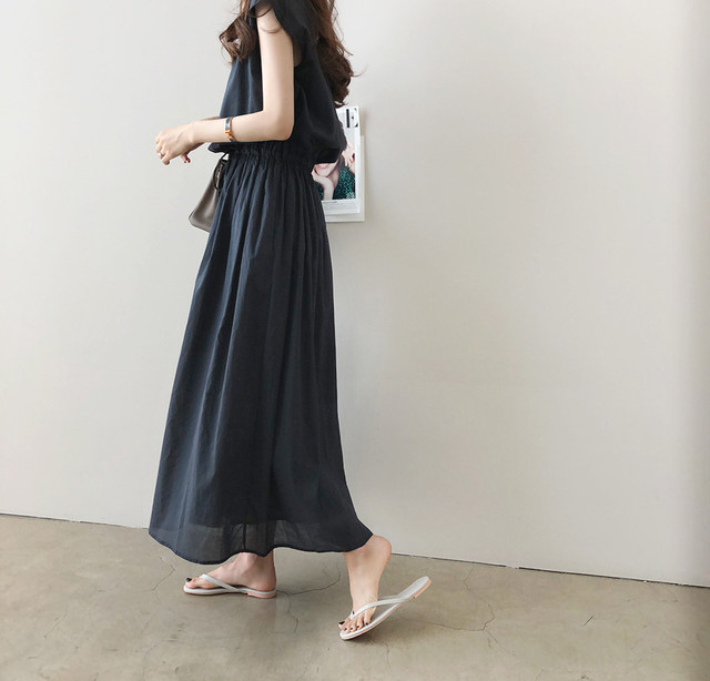 レディース ワンピース ロング ワンピース ノースリーブ ラウンドネック ロング丈 ミモレ丈 ハイウエスト ウエストゴム 大きいサイズ 体型カバー 春夏 秋 エレガント きれいめ シンプル カジュアル 無地 ベージュ ブラック ブルー Hf Haru Meets Foo