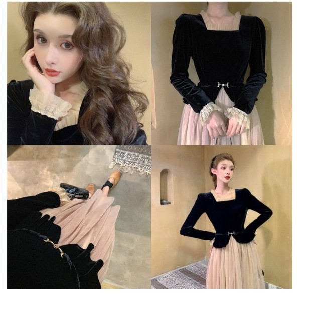 冬服 韓国 レディース ニットワンピース ロングワンピース ドッキングワンピース 長袖 チュールスカート レディース 韓国 オルチャン フ Basecamp49