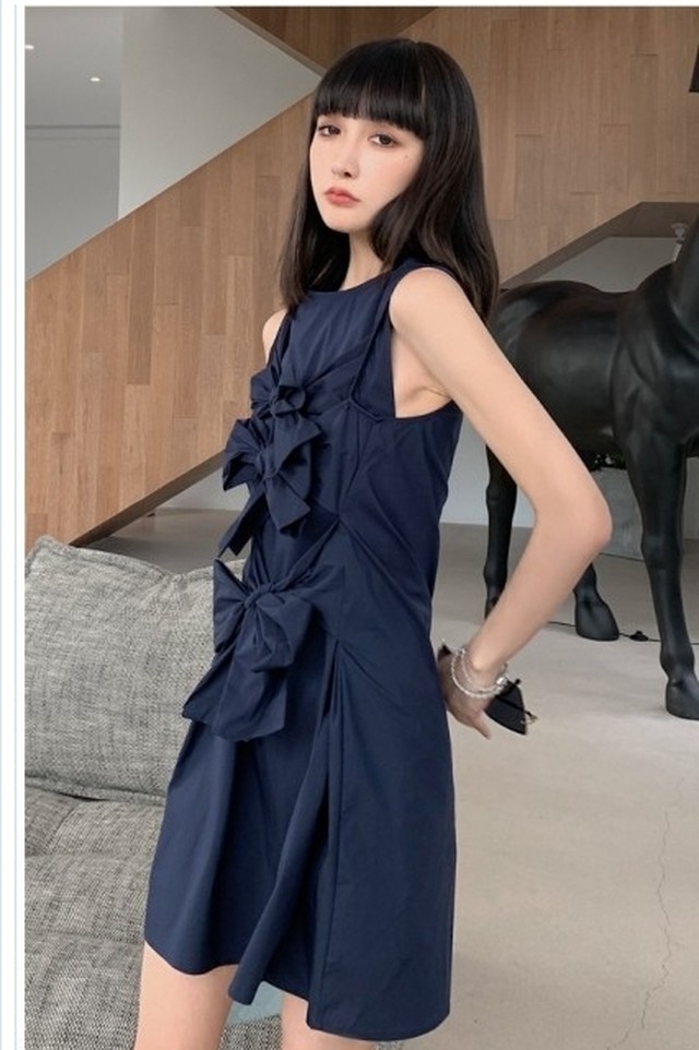 バックリボン ワンピース ポールカ ワンピース サイズ36 S レディース ライトブルー ノースリーブ ひざ丈 リボン Basecamp8849