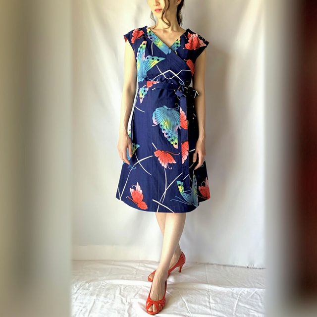 注染浴衣カシュクールワンピース 蝶々柄 国内送料無料 1904y01 椿屋 Kimono Dress