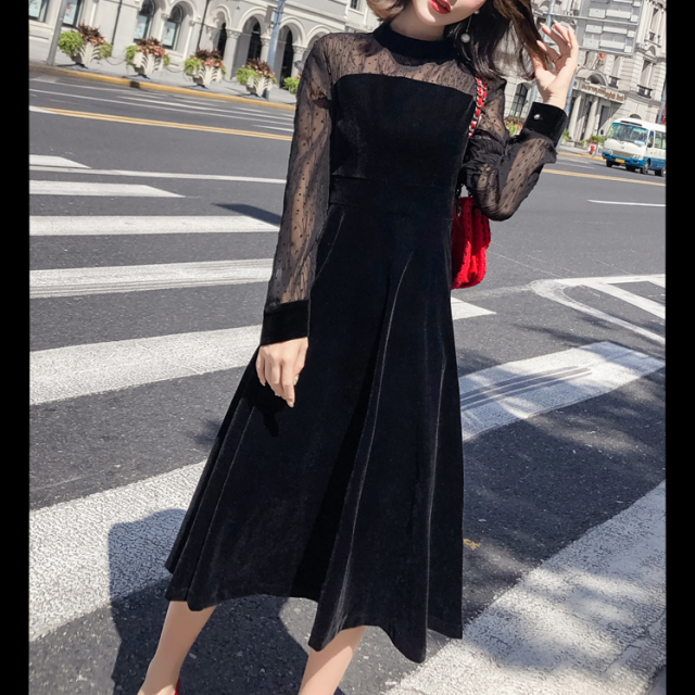 秋冬 ベロア ワンピース レース Aライン ミディ丈 ミモレ丈 ロングワンピース カットソーワンピース レディース 韓国 ファッション きれいめ 結婚式 二次会 パーティドレス フォーマル C0038 Aeka Clothet