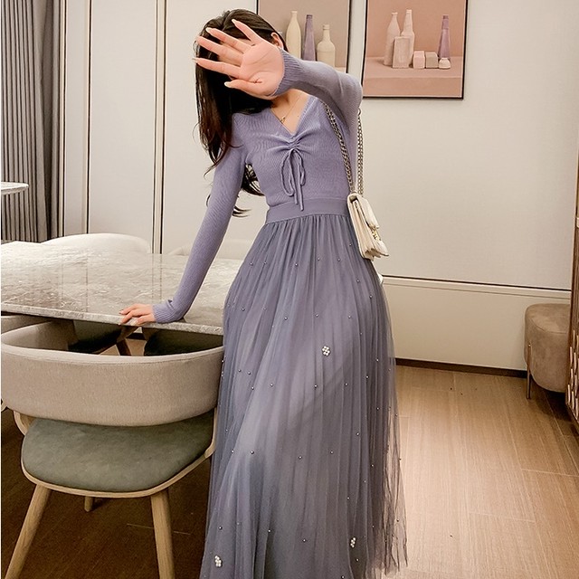 ニットドッキングプリーツワンピース Aライン ロング丈 フェミニン きれいめ エレガント Vネック 春夏 お出かけ 通勤 デート 女子会 デイリー 長袖 ハイウエスト くすみカラー 無地 Tricot By Arroser