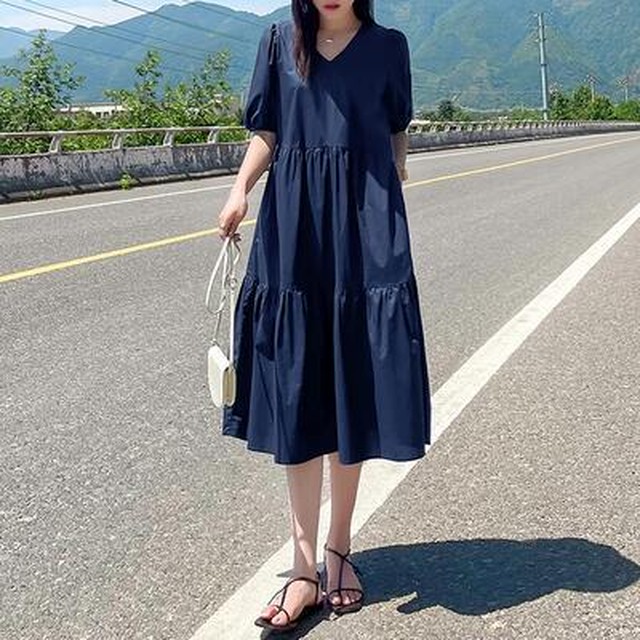 ティアード ワンピース レディース 袖あり 夏 カジュアル おしゃれ きれいめ 半袖 パフスリーブ 可愛い ワンピ ドレス ミモレ丈 フェミニン シンプル Aライン クラシカル ナチュラル Vネック 春夏 秋 大きいサイズ ネイビー 代 30代 40代 50代 Like Fashion