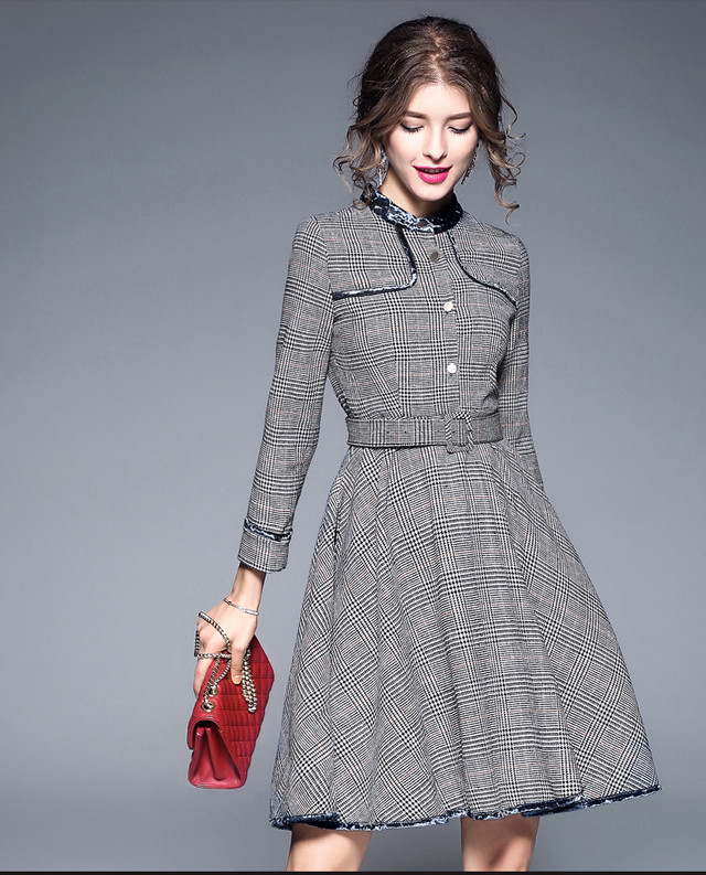 膝丈 パーティードレス フォーマル ハイネック ハイウエスト ベルト ワンピース グレー 長袖 グレンチェック 代 30代 Aライン ベロア C034 Hollys Design
